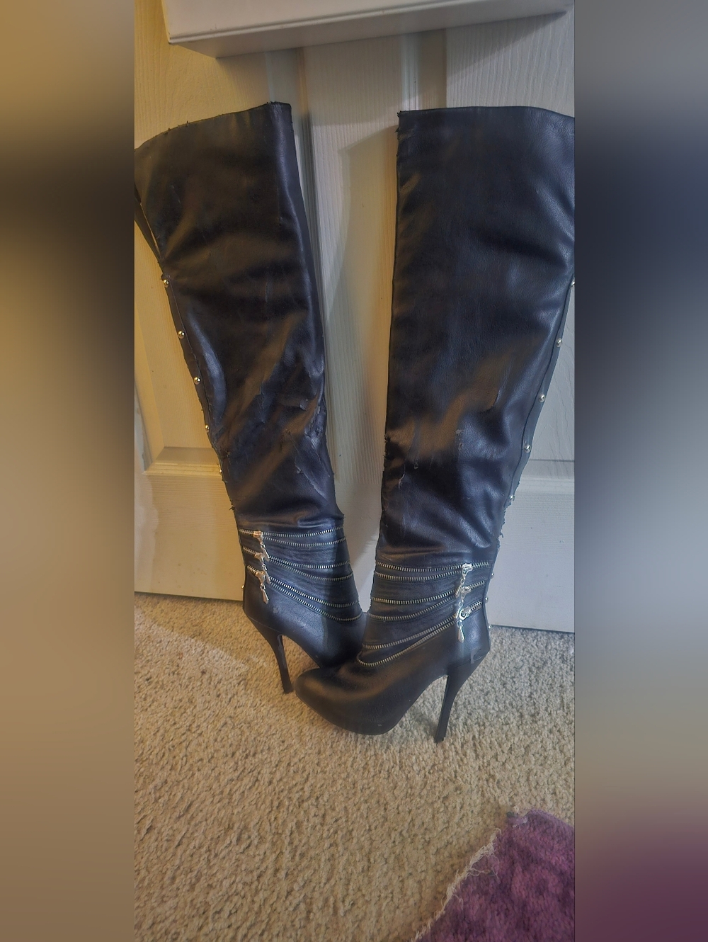 Women's Black Thigh-High Stiletto Boots with Chain Details